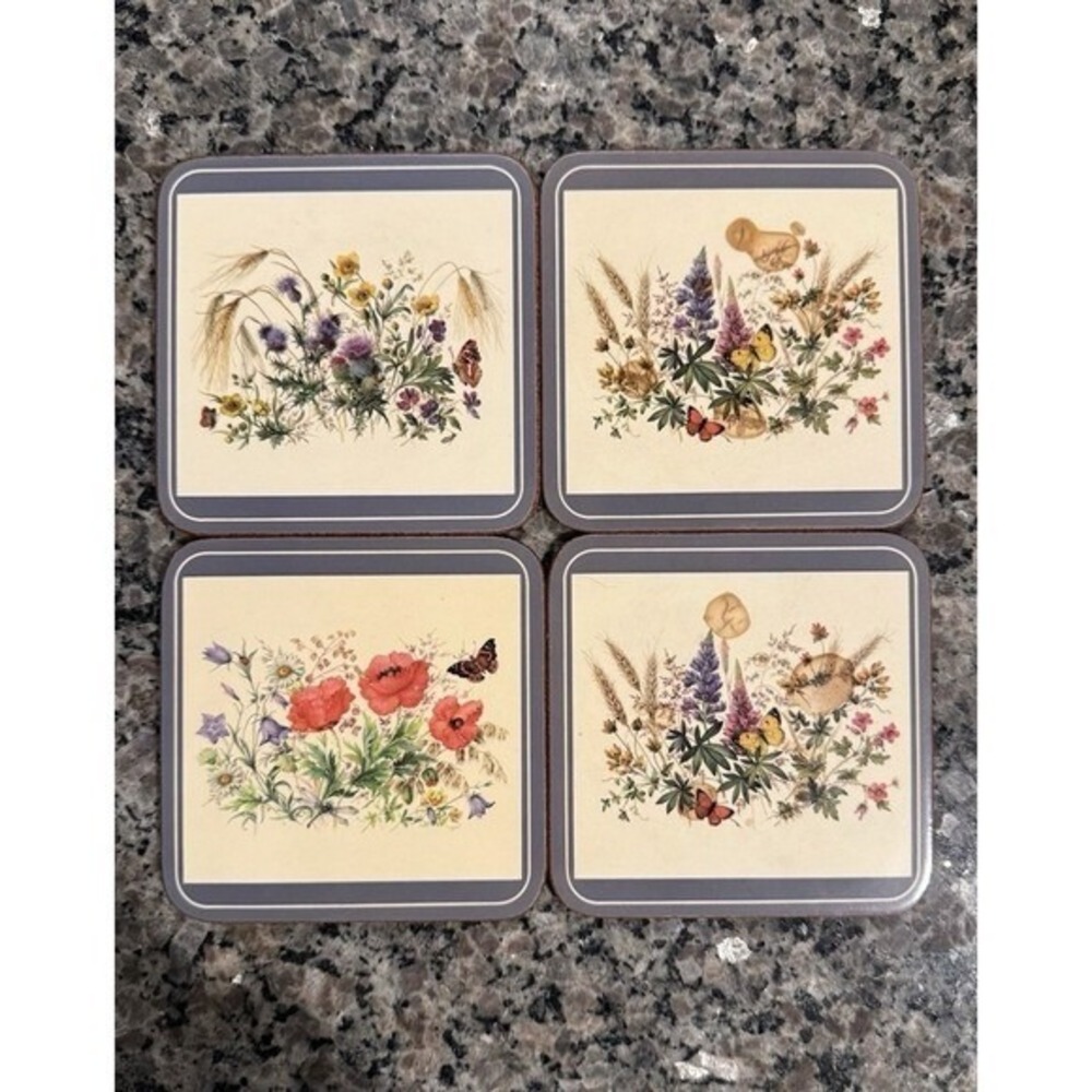 Vintage Pimpernel Coasters Set 4 Cork Backing Meadow Floral Poppies Butterflies